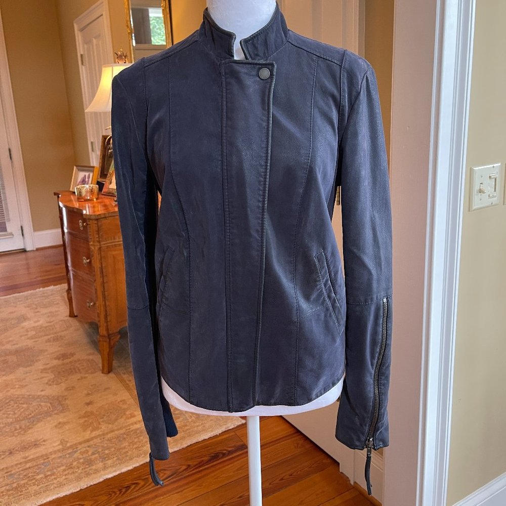 Trending Free People Vegan Blue Soft Faux Leather Moto Zip Up Jacket Small Sz 8